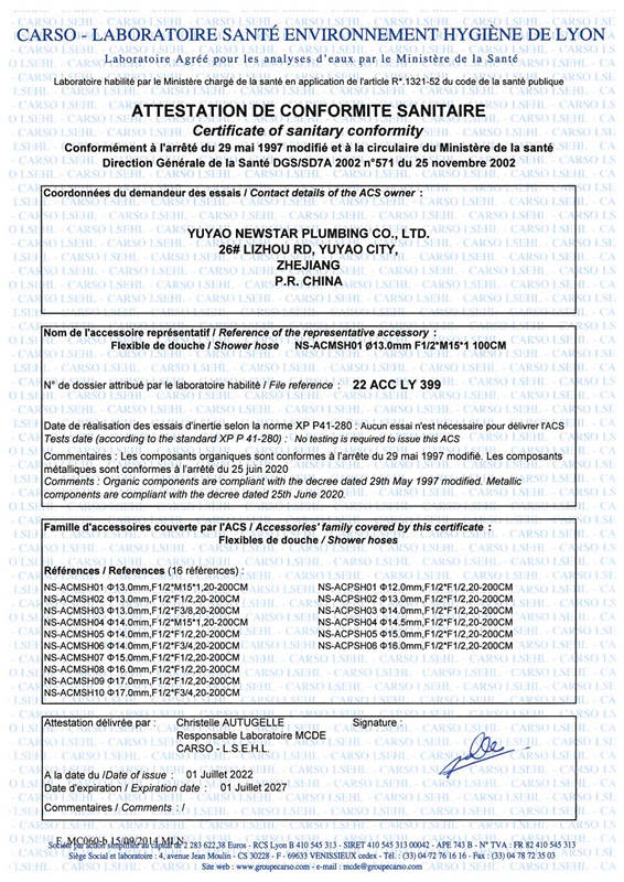 ACS-Zertifikat für Metallbrauseschläuche